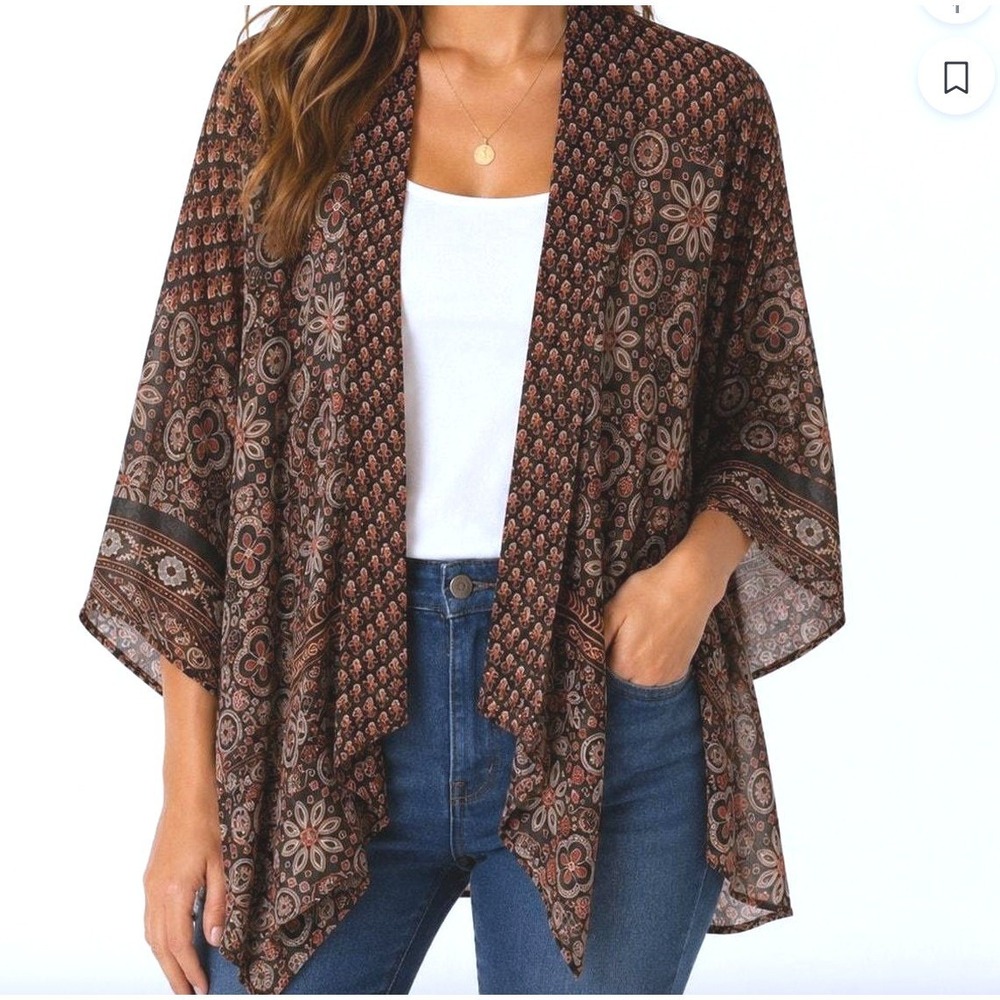 Soft Surroundings Open Front Kimono Cardigan Top L Boho Viscose Gypsy Layer Fall